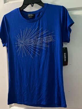 bebe Royal Blue Short Sleeve Rhinestone Logo Tee